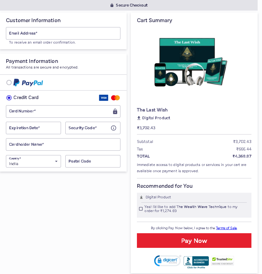 The Last Wish checkout page — ClickBank secure order form